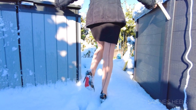 REDSOLES PUMPS AND SEAMED NYLONS  IN THE SNOW